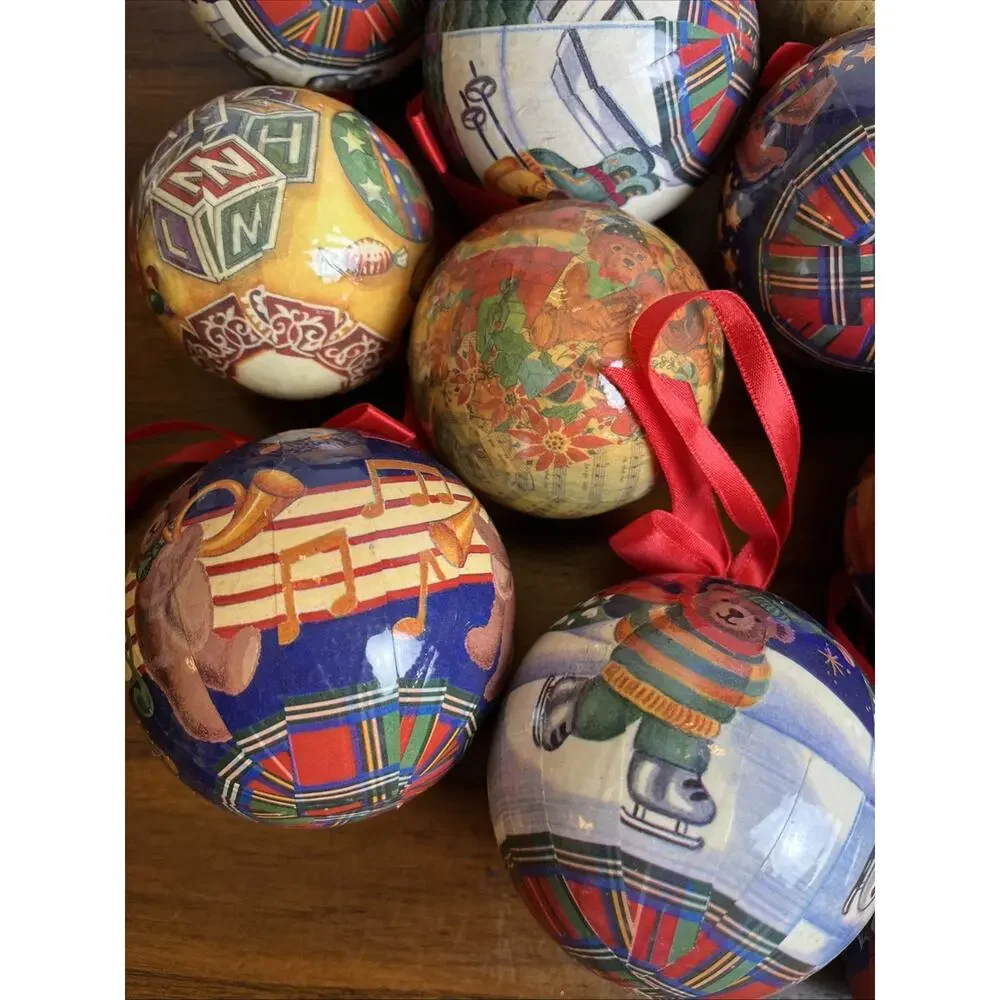 Christmas Teddy Bear Decoupage 22 Paper Mache Ball Ornaments Mixed Lot Vintage